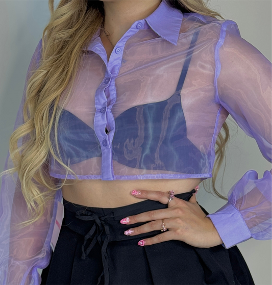 Purple Mesh Cropped Button Up