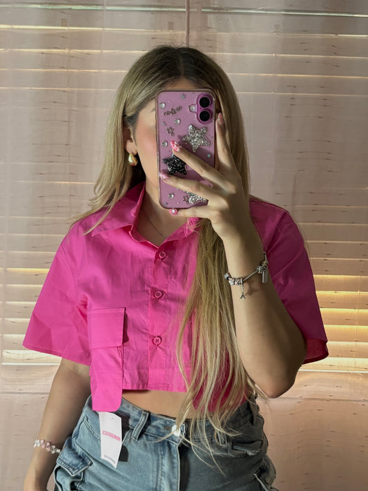Pink Cargo Button Up Crop Top